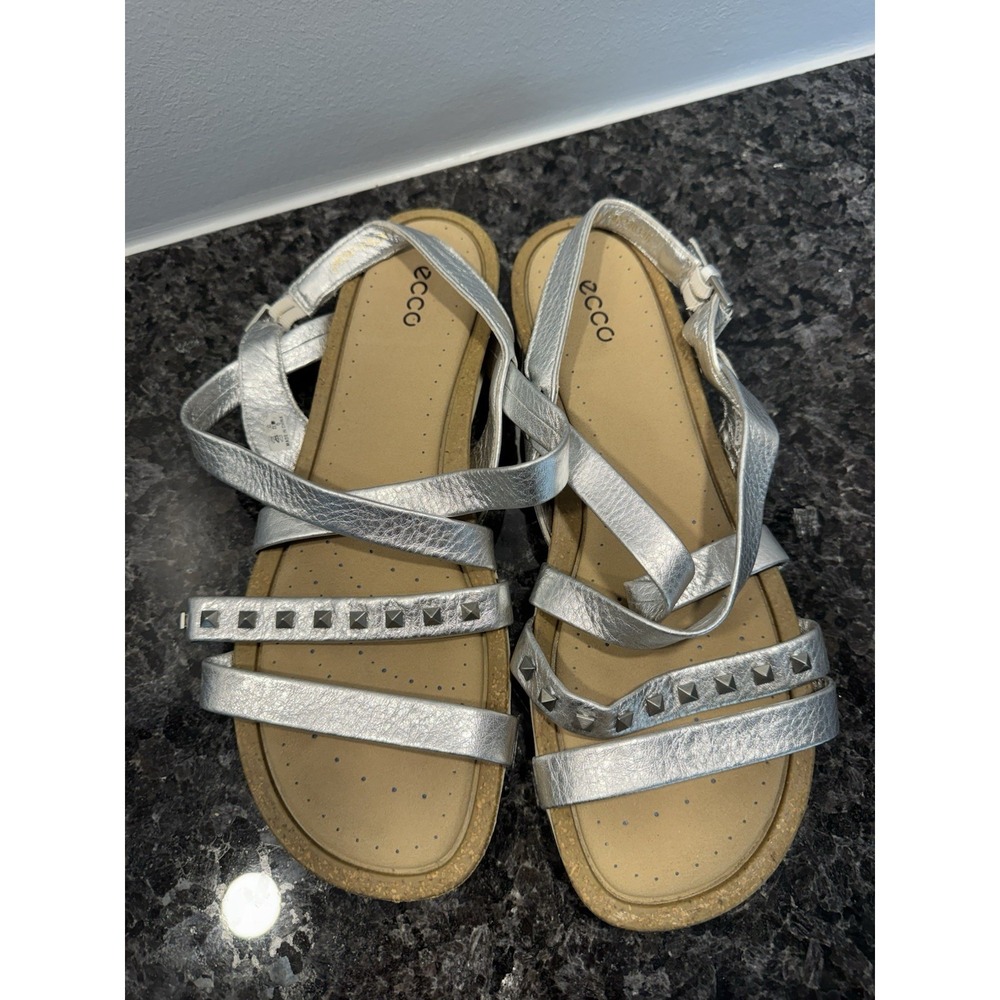 Ecco Dagmar Slingback Sandals Womens 8 - 8.5 Silver Nubuck Leather Studded Wedge